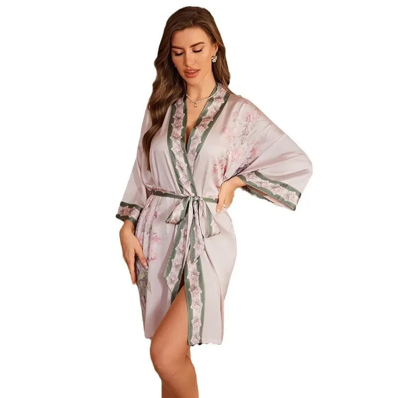 Female Robe Nightgown Summer Satin Sleepwear Loungewear Silky Printing Kimono Bathrobe Gown Yukata Sexy Casual Nightwear