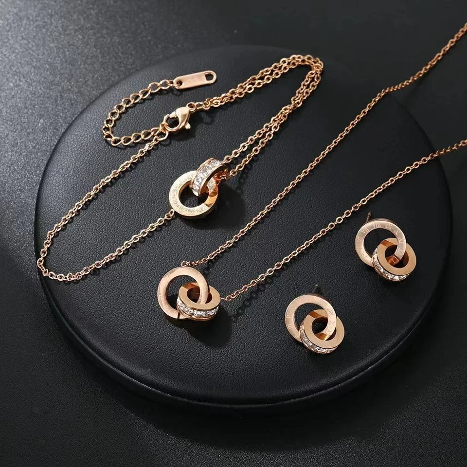 3 PCS Fashion Roman Digital Double Ring Pendant Necklace Bracelet Tiny Earrings Jewelry Set For Women Korean Style Daily Wear Luxlife Brands