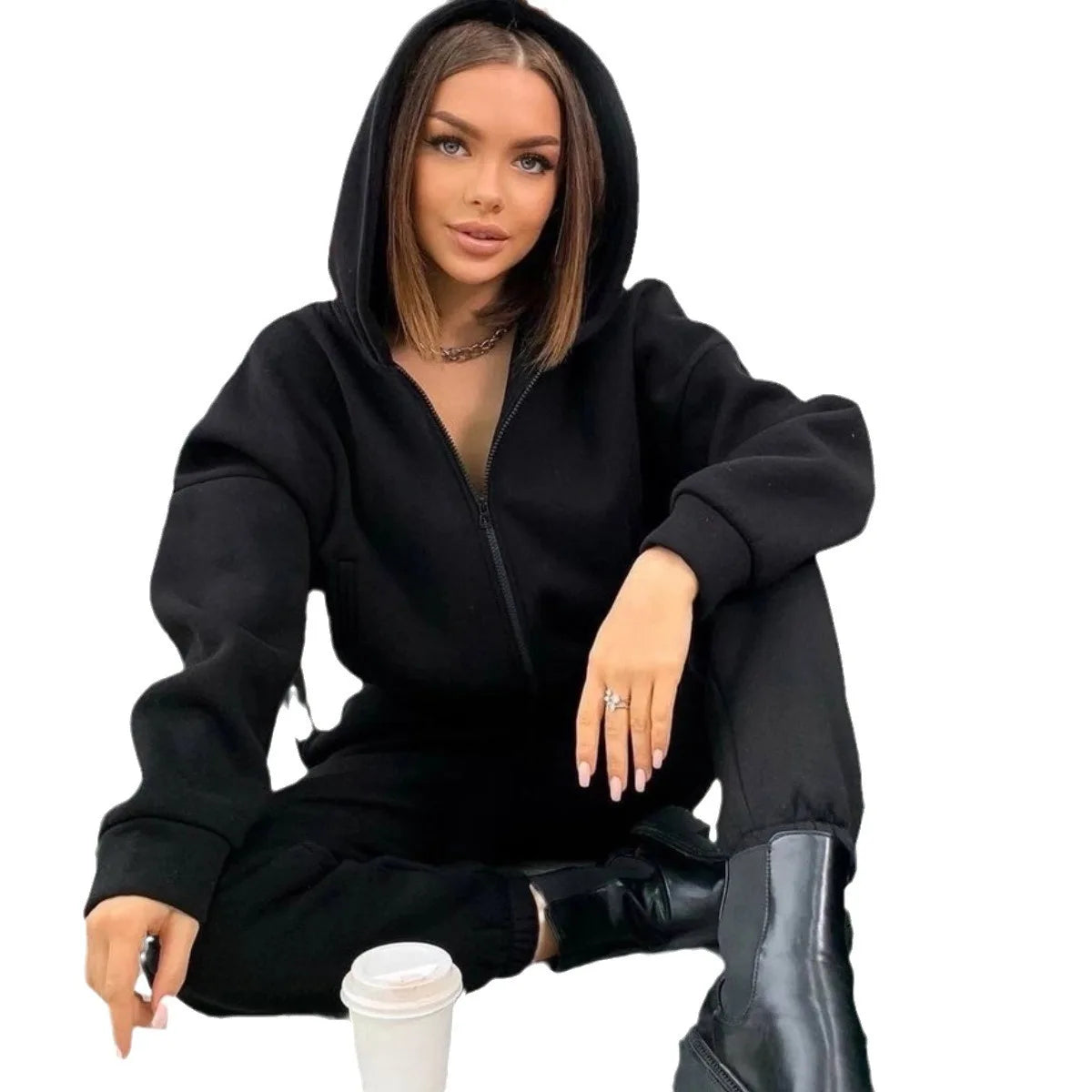 Zipper Hooded Coat Pants Sets Women Tracksuit Two Piece Set Sweatshirts Hooded Jacket Long Pants Thick Casual Autumn Winter