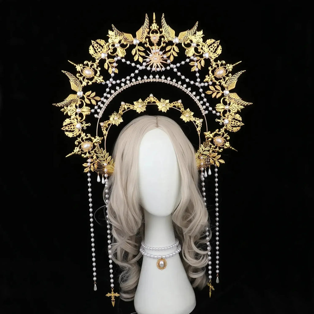 Sun Goddess Angel KC Halo Crown Headpiece Queen Anna Baroque Pearl Tiara Headband Lolita Collection Gothic Accessories - LUXLIFE BRANDS