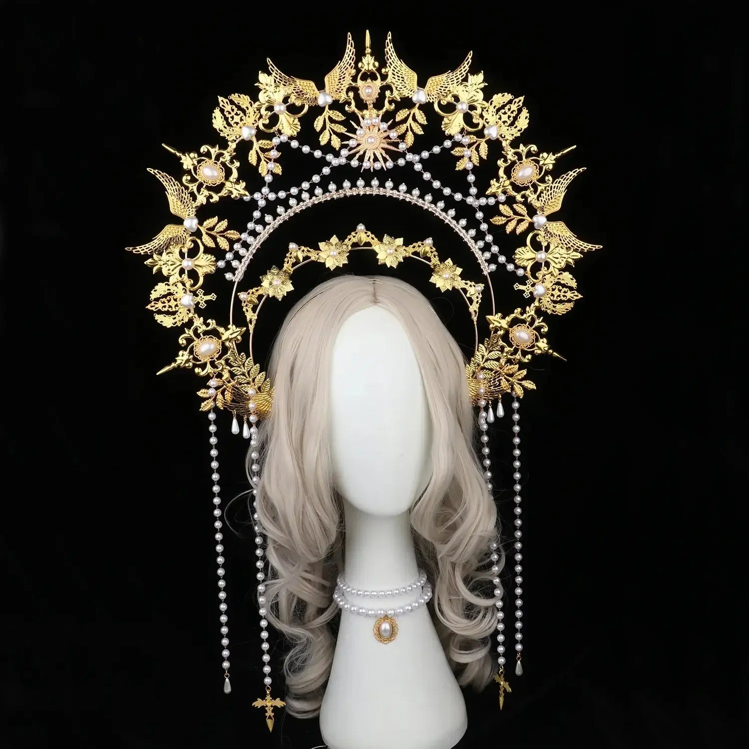 Sun Goddess Angel KC Halo Crown Headpiece Queen Anna Baroque Pearl Tiara Headband Lolita Collection Gothic Accessories - LUXLIFE BRANDS