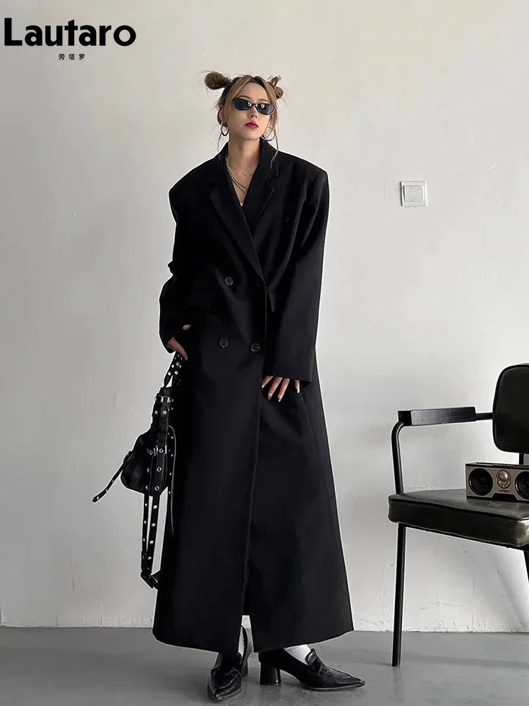 Lautaro Spring Autumn Long Grey Black Trench Coat for Women Double Breasted Loose Casual Korean Fashion Clothing Blazer 2023 LUXLIFE BRANDS