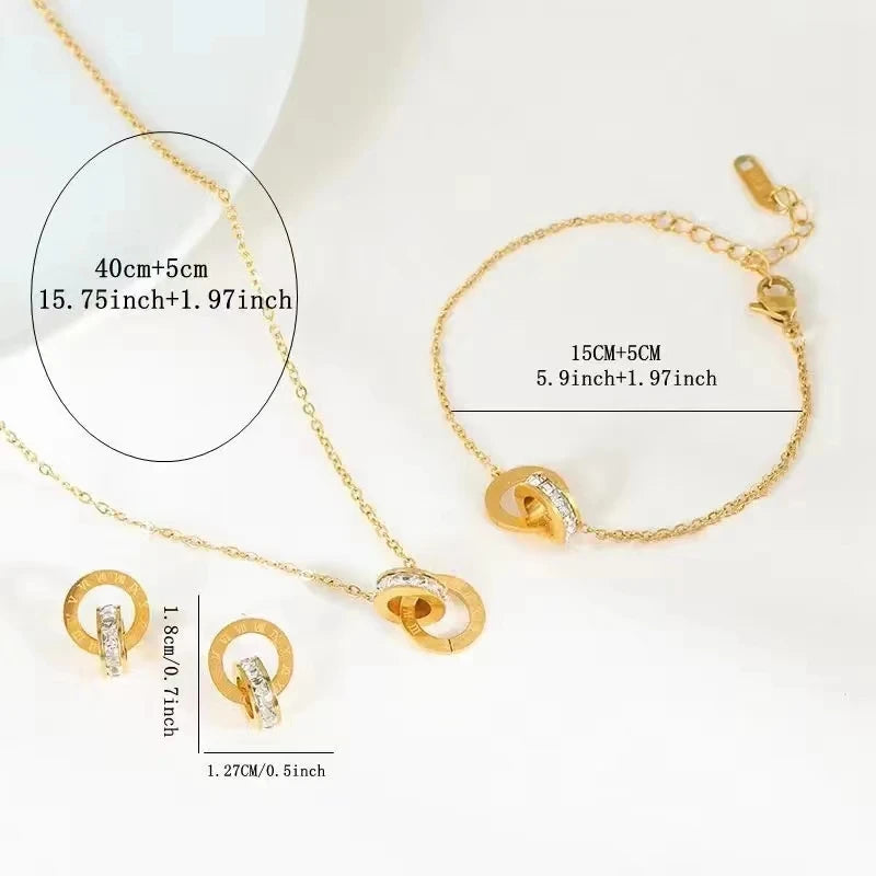 3 PCS Fashion Roman Digital Double Ring Pendant Necklace Bracelet Tiny Earrings Jewelry Set For Women Korean Style Daily Wear Luxlife Brands