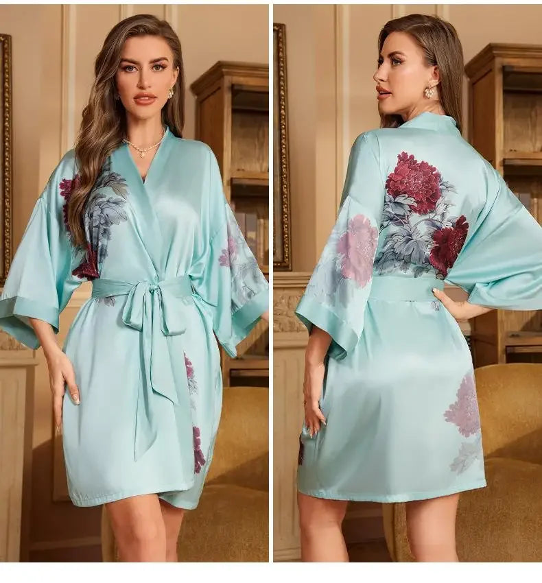 Female Robe Nightgown Summer Satin Sleepwear Loungewear Silky Printing Kimono Bathrobe Gown Yukata Sexy Casual Nightwear