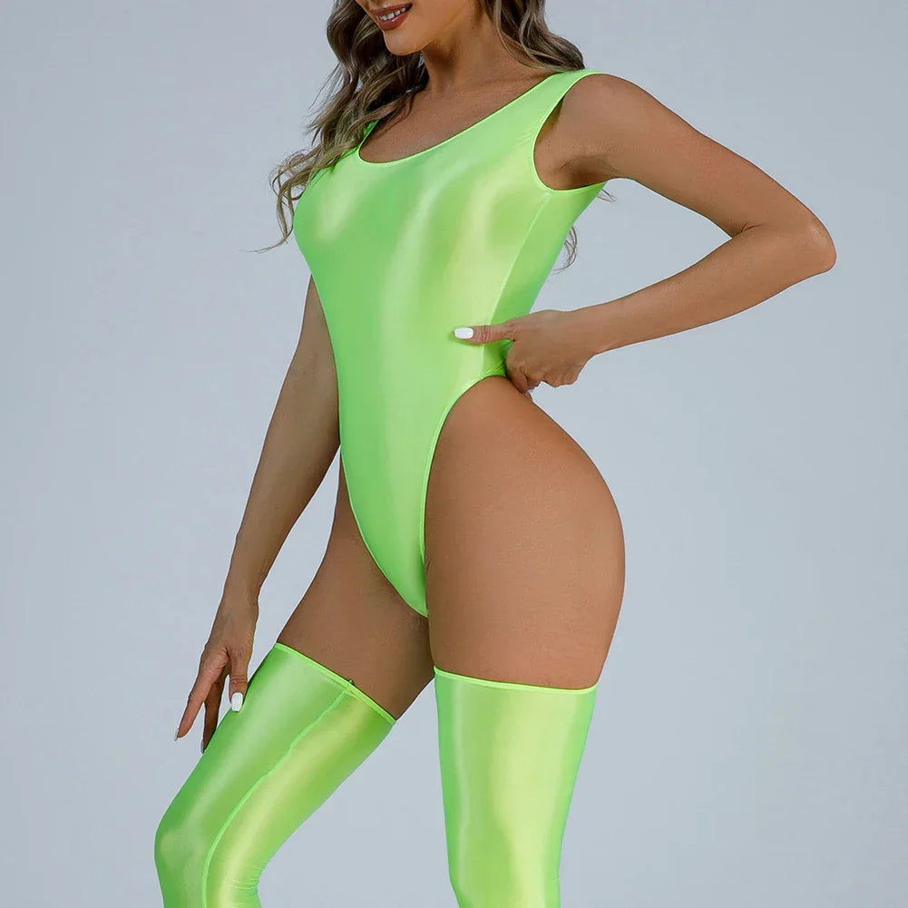 Women Sexy Oil Shiny Bodysuit Strap Solid Swimsuit High Cut Bikini Thong Leotard Thin Smooth Jumpsuit Summer Breath Nightwear