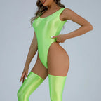 Women Sexy Oil Shiny Bodysuit Strap Solid Swimsuit High Cut Bikini Thong Leotard Thin Smooth Jumpsuit Summer Breath Nightwear Luxlife Brands