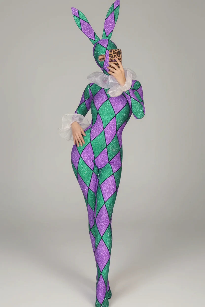 Futuristic Geometric Rhinestone Bunny Bodysuit – Luxury Showgirl Stage Costume & Exotic Festival Leotard with Statement Collar