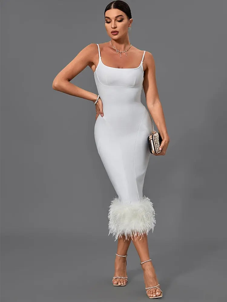 Feather Bandage Dress Women White Bodycon Dress Evening Party Elegant Sexy Midi Birthday Club Outfits 2022 Summer New Fashion