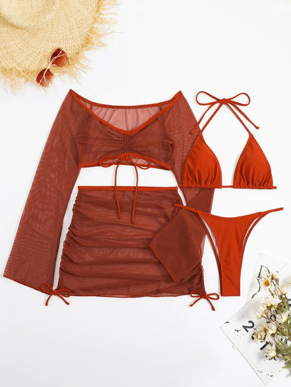 4 Pieces Lace Up Halter Triangle Bikini Swimsuit & Cover Up Top With Skirt Sexy Swimwear Women 2023 Bathing Swimming Suit Female