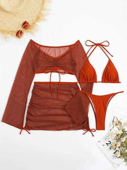4 Pieces Lace Up Halter Triangle Bikini Swimsuit & Cover Up Top With Skirt Sexy Swimwear Women 2023 Bathing Swimming Suit Female