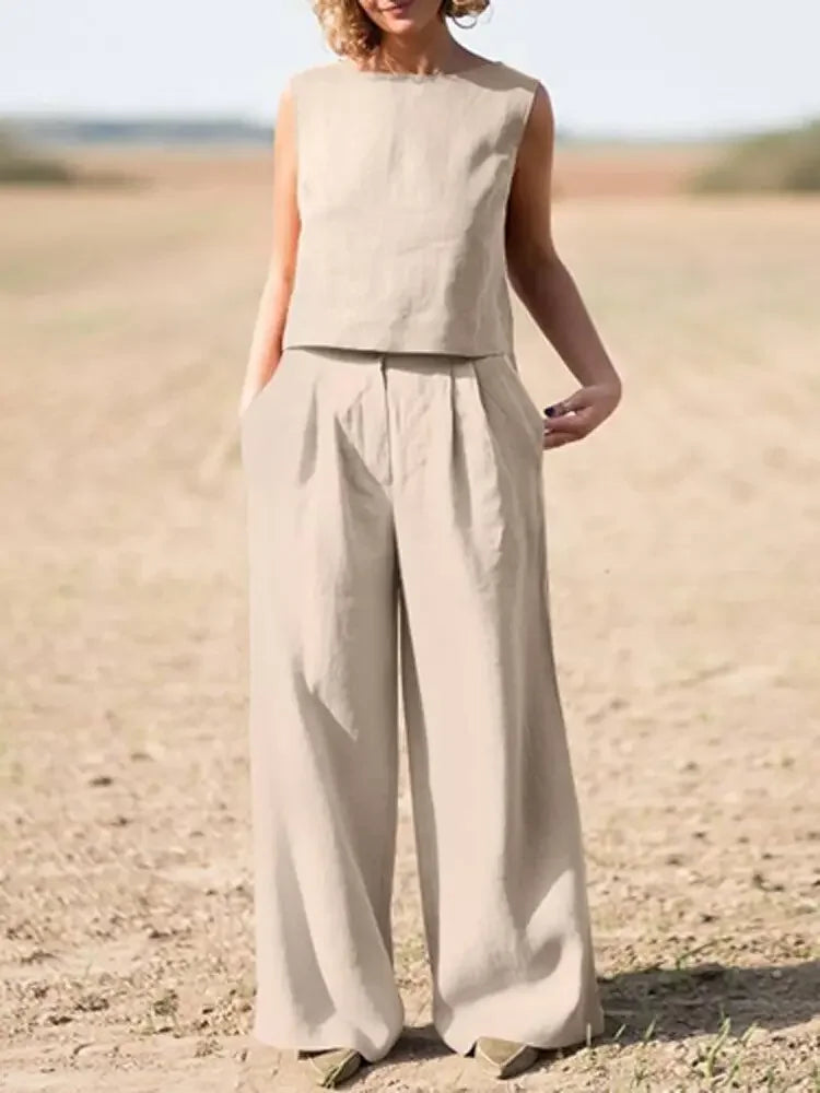 Summer Loose O-Neck Top Wide Leg Pants Two Piece New Elegant Pullover Pants Summer Suit Women Harajuku Style Cotton Linen Suit