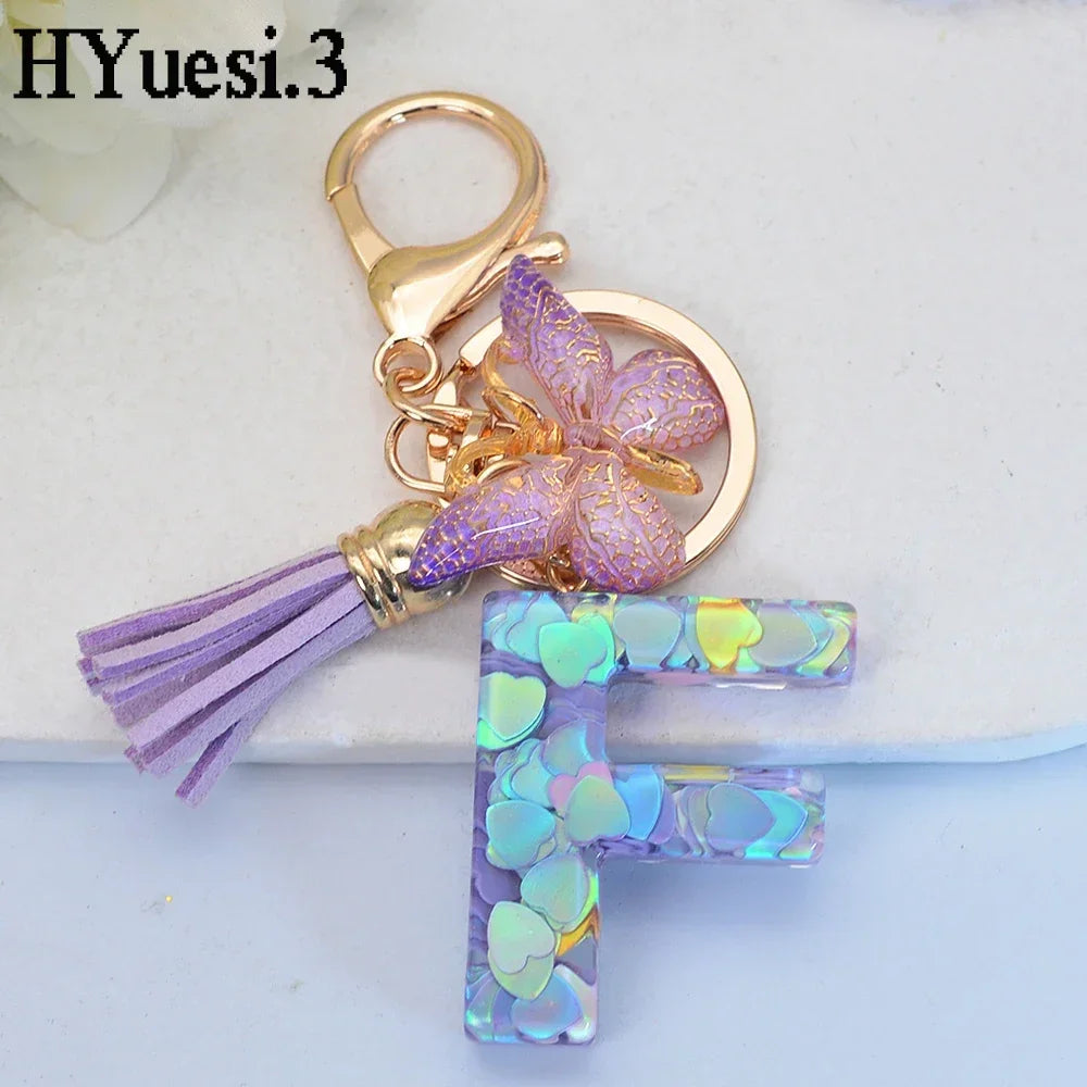 Purple Sequin Filled Name Keychain Butterfly Tassel 26 Alphabet Initials Keyrings Purse Wallet Handbag Ornament Women Girls Gift LUXLIFE BRANDS