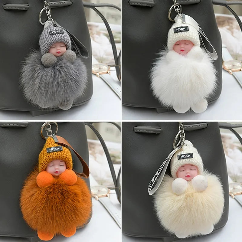 Pompom Sleeping Baby Keychain Cute Fluffy Plush Doll Keychains Women Girl Bags Keyrings Cars Key Ring Gift Charming Decoration LUXLIFE BRANDS