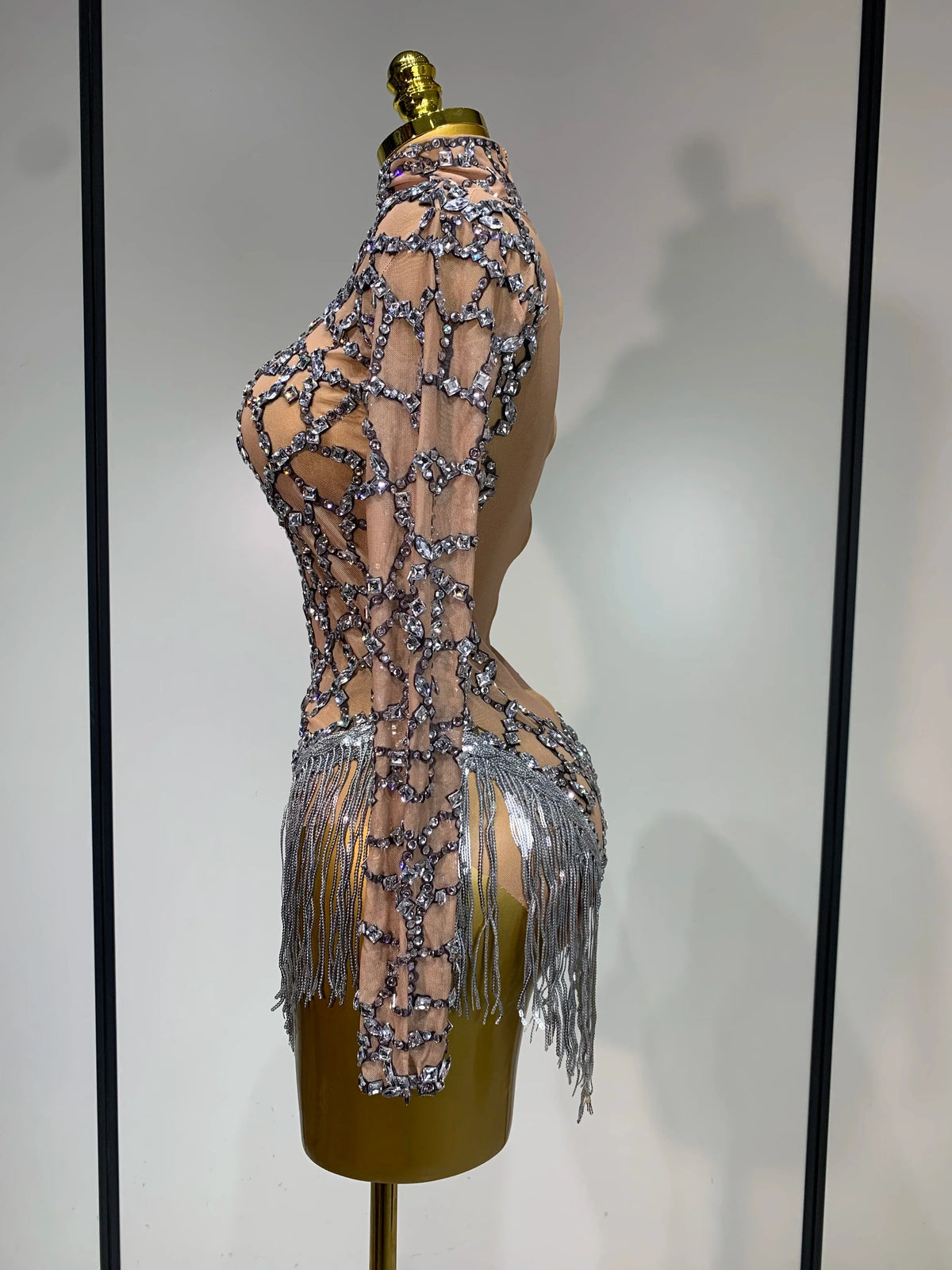 The Stardust Diamond Fringe Bodysuit – Luxury Rhinestone Mesh Stage Costume