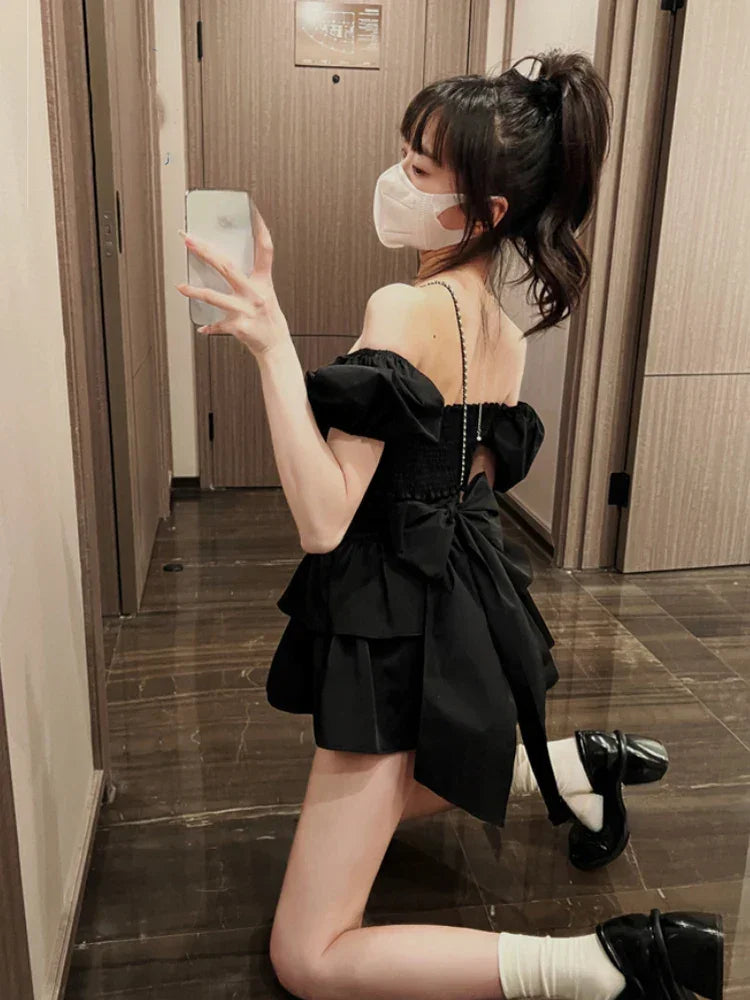 2022 White Sexy Backless Mini Dress Women Korean Fashion Casual Elegant Party Dress Female Ruffle Kawaii Lolita Party Y2k Dress