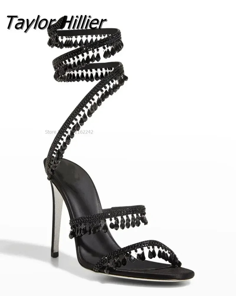 Rhinestone Snake Wrap Sandals Solid Designer Summer Shoes Open Toe Fringes Stiletto Heel Hollow Sandals Women Party Prom Fashion