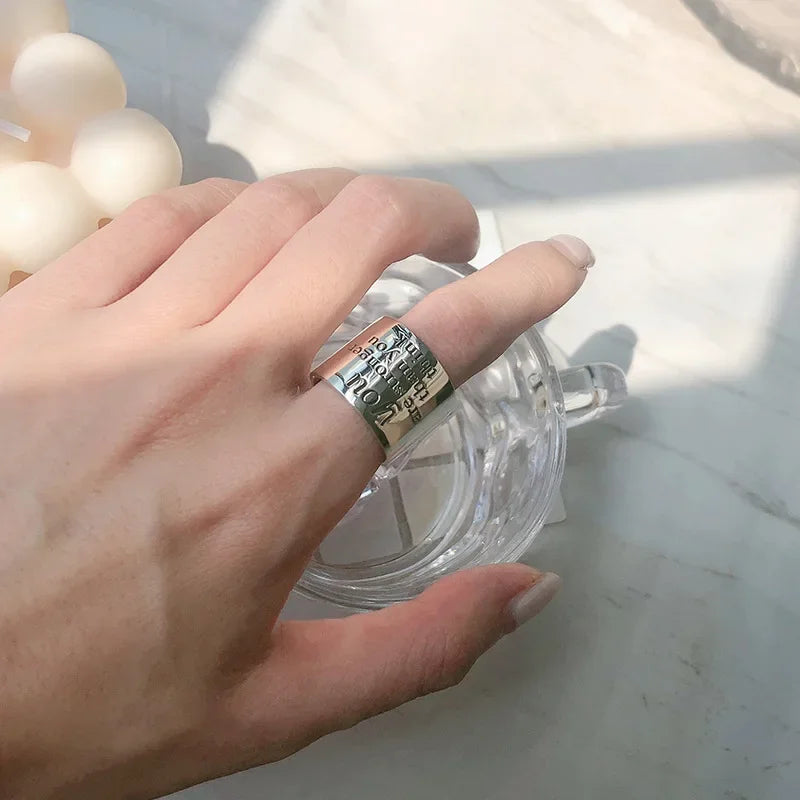 Real 925 Sterling Silver Personality Wide Letters Adjustable Retro Ring Fine Jewelry For Women Party Elegant Accessories