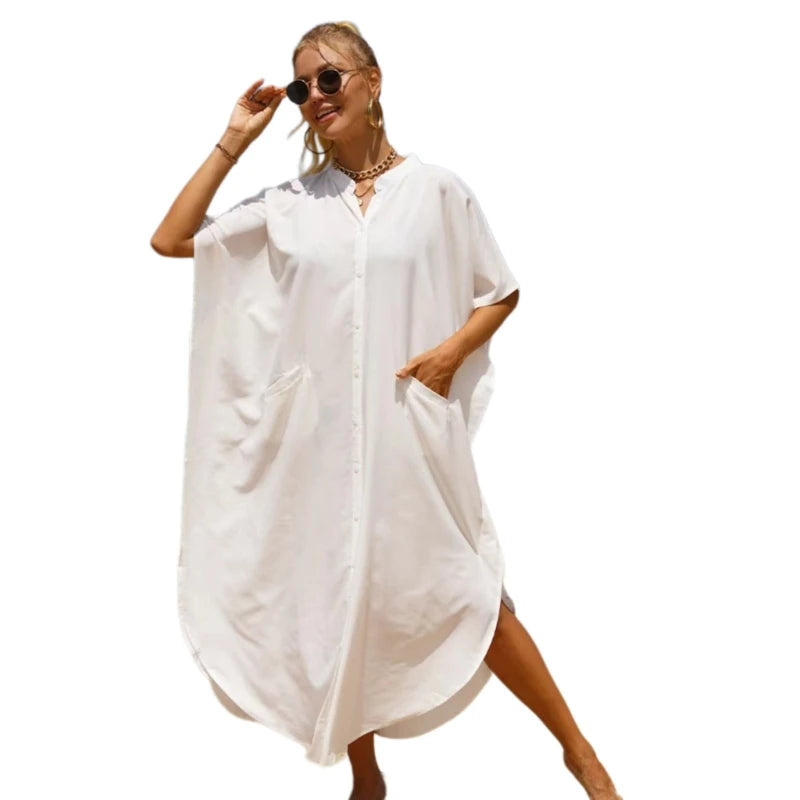 Women Bathing Suit Cover Up Shirt Beach Bikinis Swimsuit Coverups Side Slit Beachwears Buttons Down Beach Dress Shirt LUXLIFE BRANDS