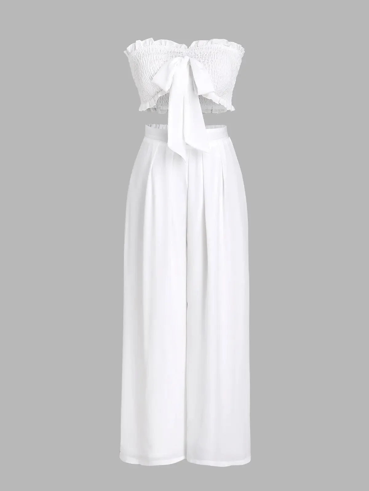 ZAFUL Bandeau Smocked Ruffle Bowknot Wide Leg Pants Set