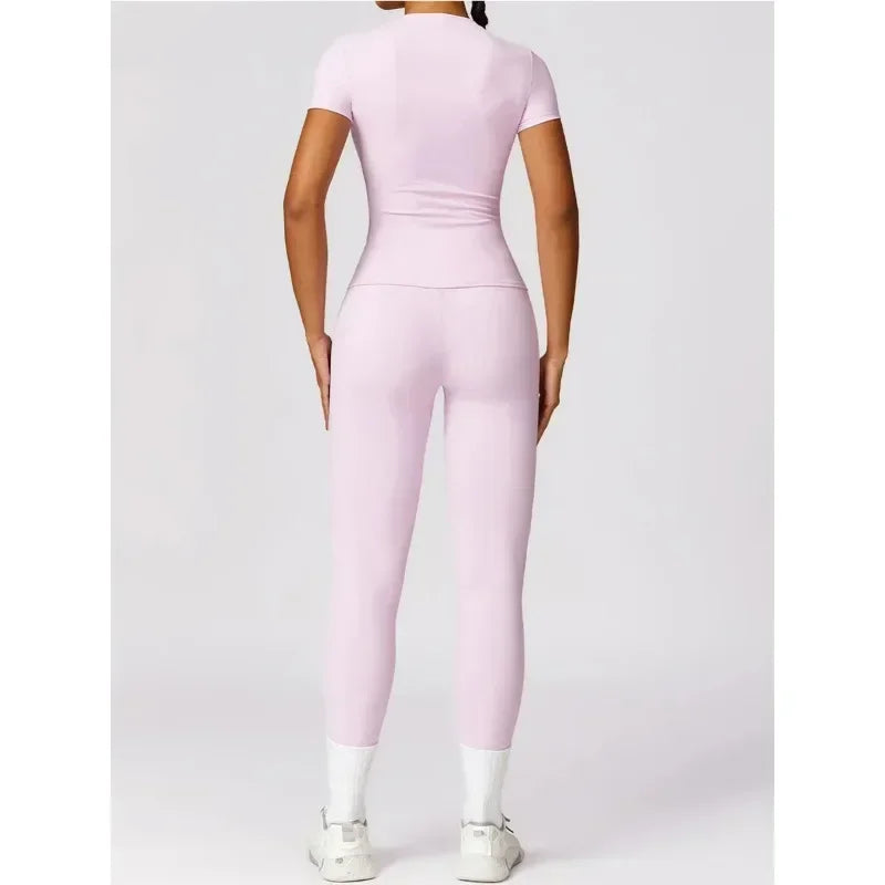 Seamless Yoga Set Women Pink Short Sleeve Top with High Waist Leggings Two Piece Workout Clothes Sports Fitness Gym Sets