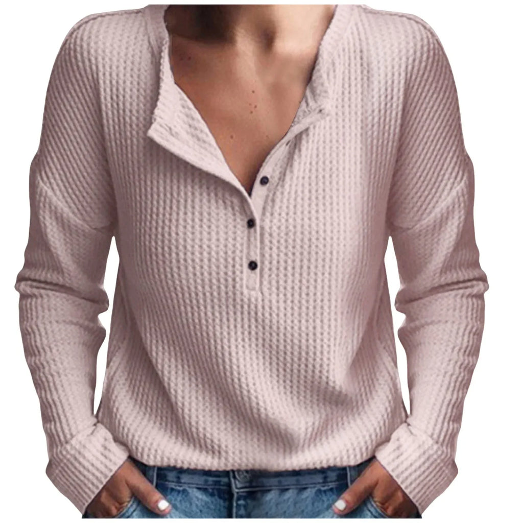 Waffle Button O Neck Oversized Shirts Spring Fall Long Sleeve Women T Shirts Korean Style Fashion Harajuku White Pink Solid Tops LUXLIFE BRANDS
