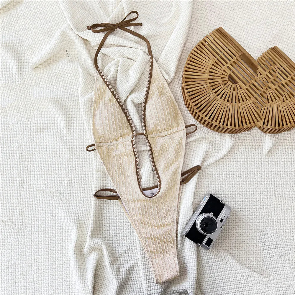 Sexy String Halter Backless Swimwear One Piece Swimsuit Women 2025 Hollow Out Monokini Beige Texture Bathing Swimming Suit Wear