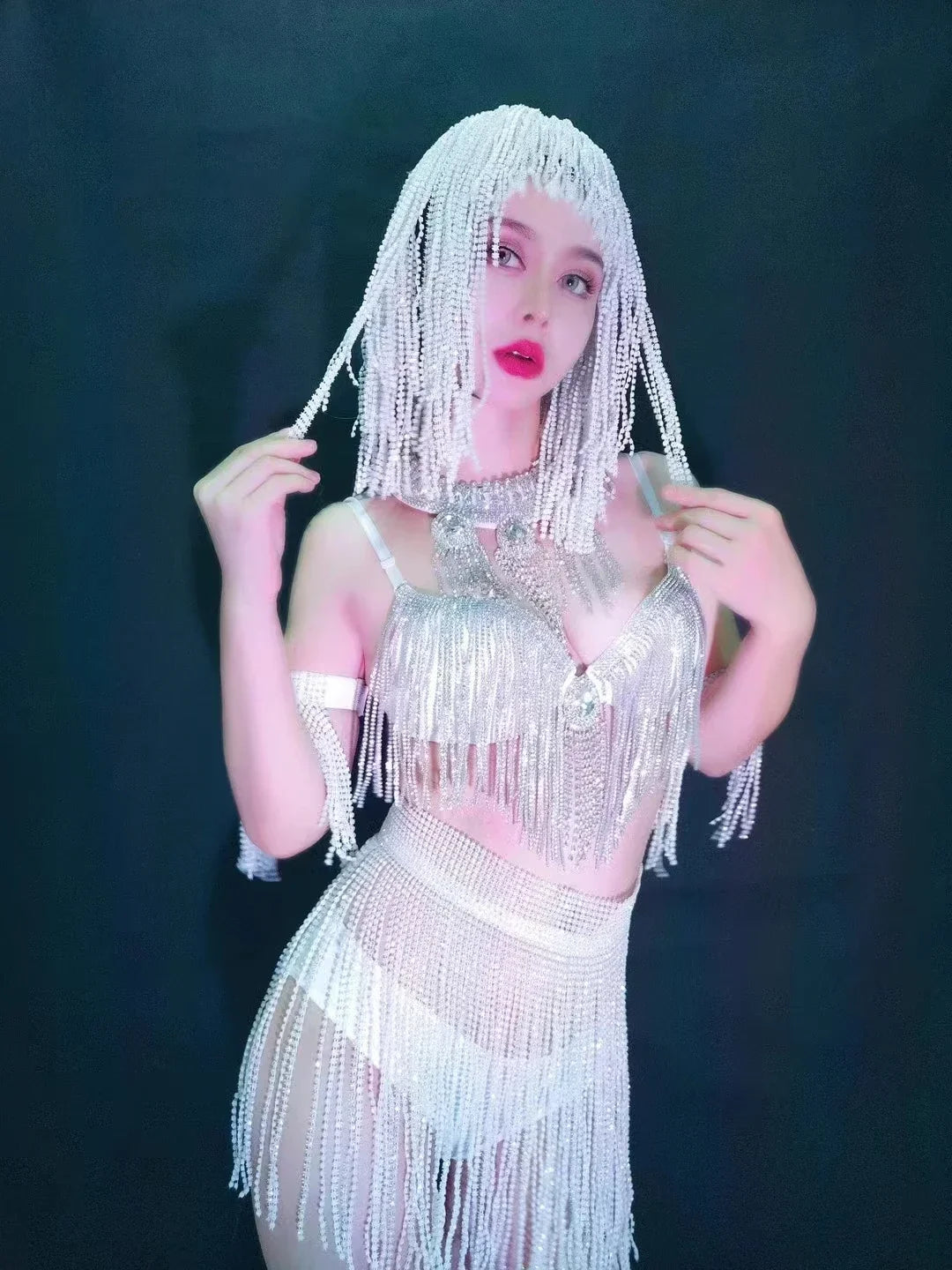 Luxury Crystal Tassel Bikini & Wig Performance Set – Premium Showgirl Stage Costume for GoGo Dancers, Nightclub DJs & Rave Outfits