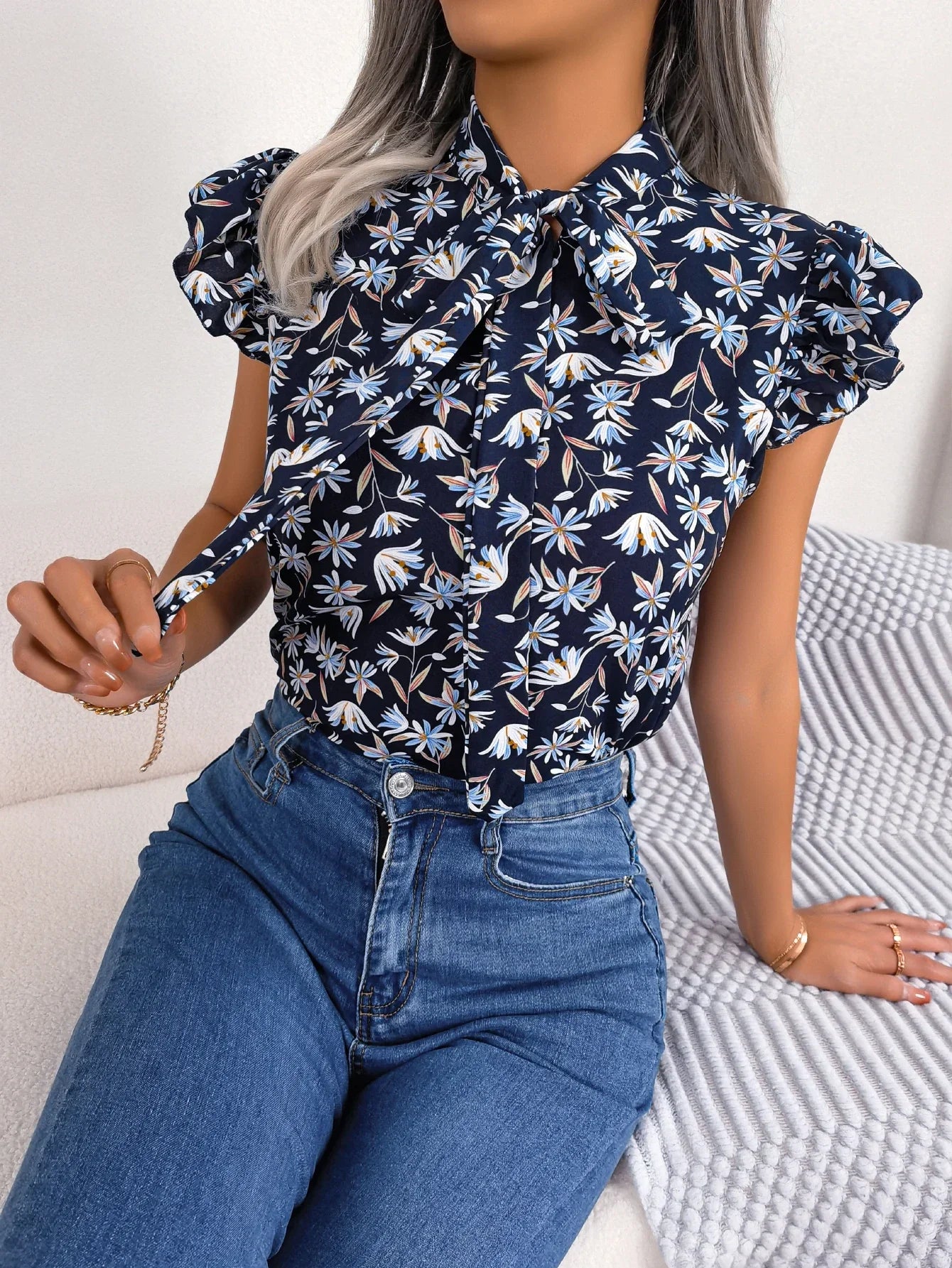 Women Casual Floral Print Bow Ruffles Chiffon Blouse Summer Top