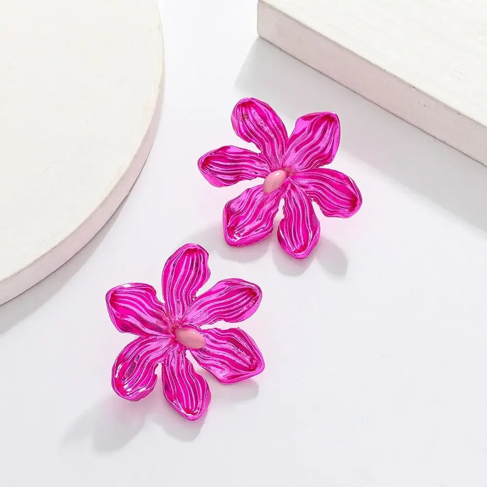 European and American Personality Exaggerated Alloy Flower Barbie Pink Earrings for Wome
