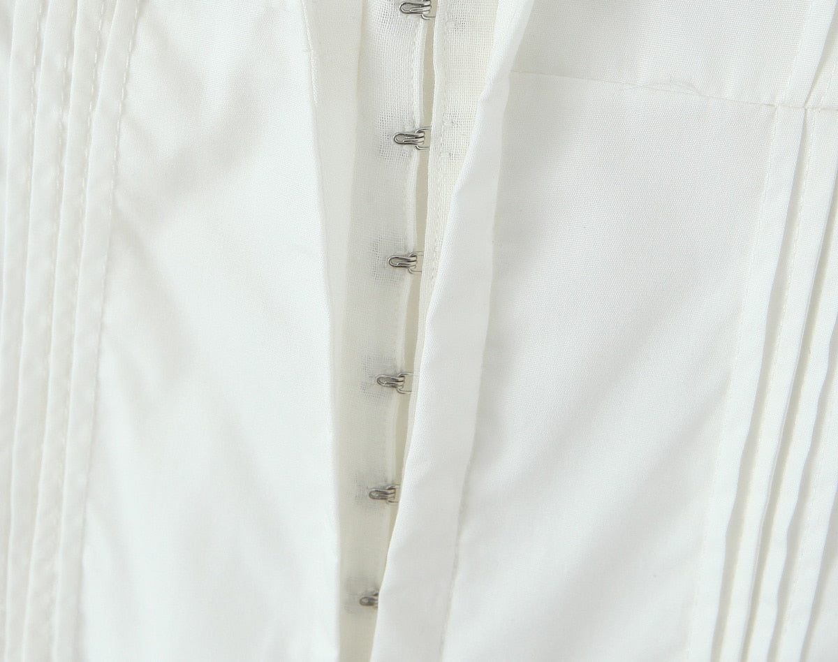 2023 Retro White Slash Collar Metal Hook Buttons Corset style Mini Dress Women Low Waist Pleated Hem Bow Lacing Up Sling Robe