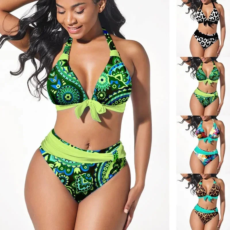 High Quality New Summer Women's Tank Tops and Boxers Two-piece Green Sunflower Print Sexy Holiday Beach Set S-5XL
