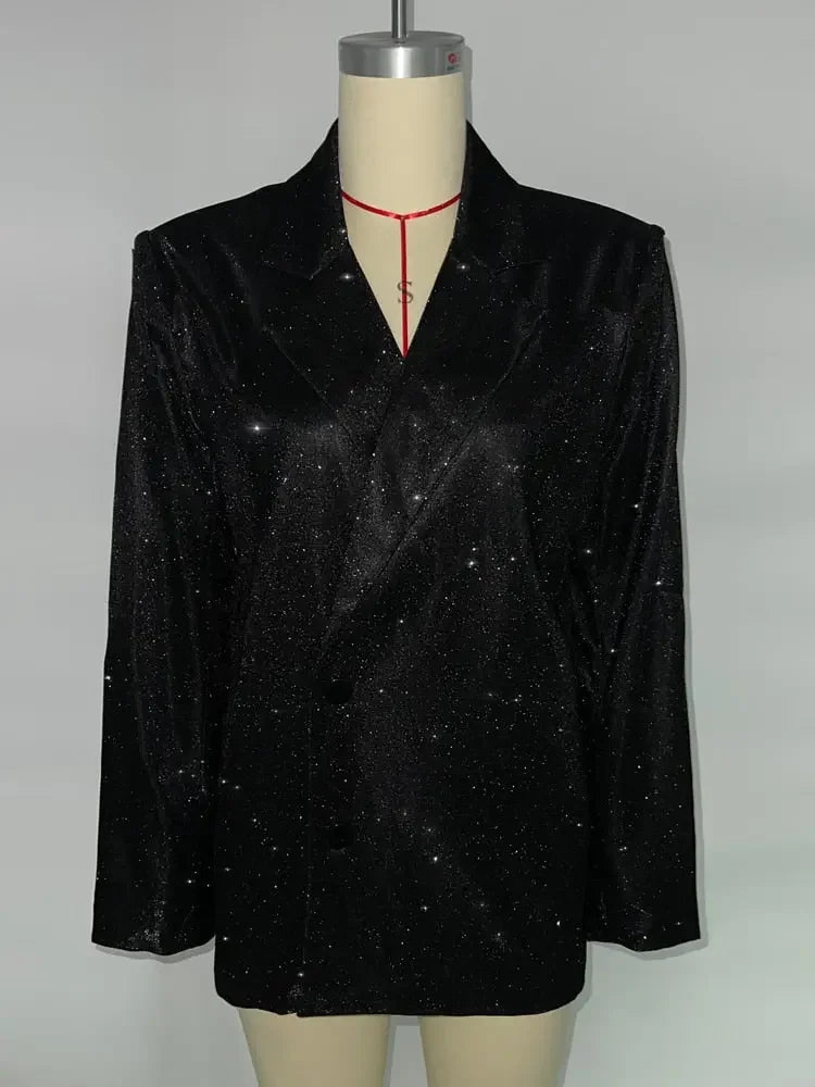 Tossy Glitter Silver Party Two Piece Pants Set Women Club Night Outfits Fashion Sparkly Blazer Matching Sets Femme Tracksuit