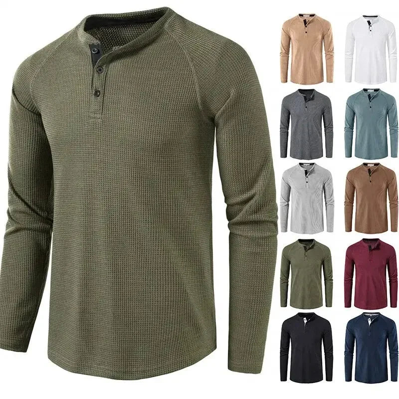 Fashion Waffle Cotton T Shirt Men 2023 Autumn New Slim Fit Long Sleeve Henley Tshirt Men Streetwear Casual Solid Color T-Shirt - LUXLIFE BRANDS