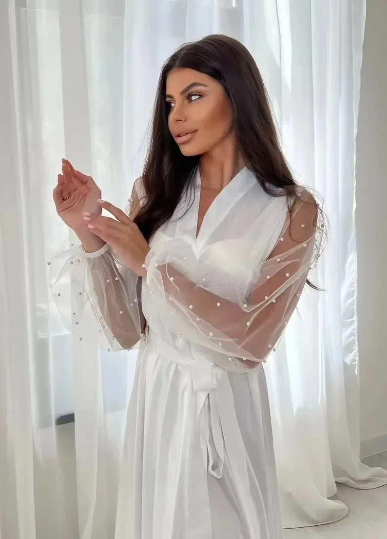 Bridal Gown with Pearl Tulle Robe Luxury High Grade Bathrobe Sexy Nightwear Women's Robe Silk Satin Pajamas Bride LUXLIFE BRANDS