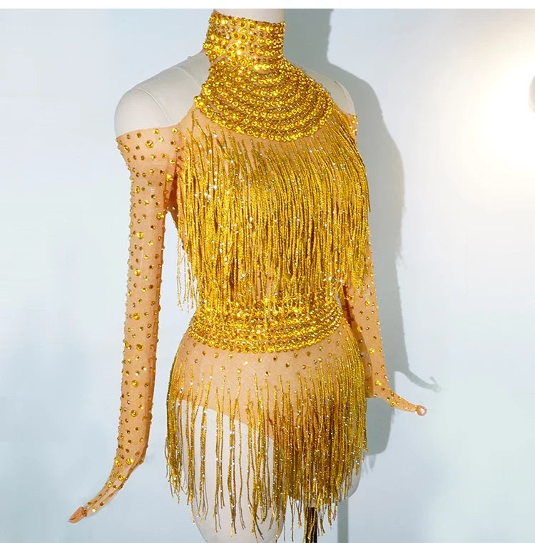 Rhinestone Tassel Mesh Performance Bodysuit