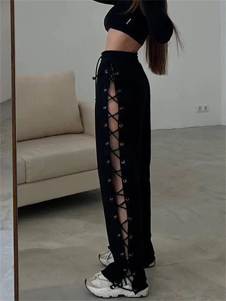 Fantoye Hollow Out Solid Drawstring Women Pants Lace Up High Waist Patchwork Casual Female Cargo Pants