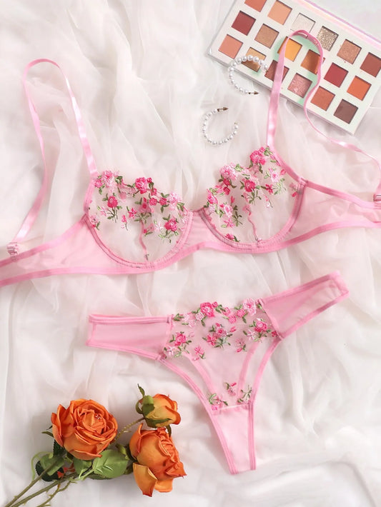 2 Pieces Lingerie Set Sexy Floral Embroidery Underwear Transparent Lace Short Skin Care Kits Delicate Fairy Set Woman 2023