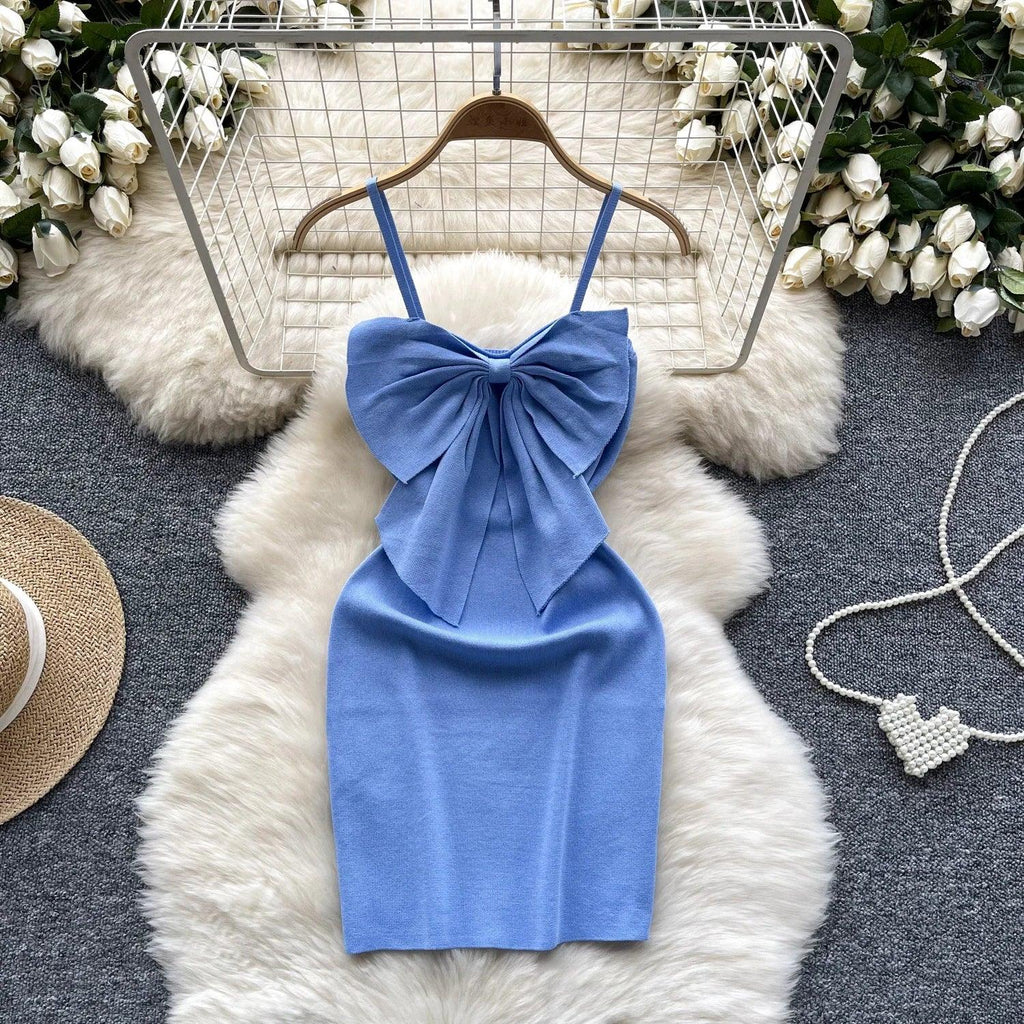 2024 Sexy Backless Lace Solid Knitted Bow Summer Dress Women Black Mini Party Dress Bodycon Sheath night Club Outfits