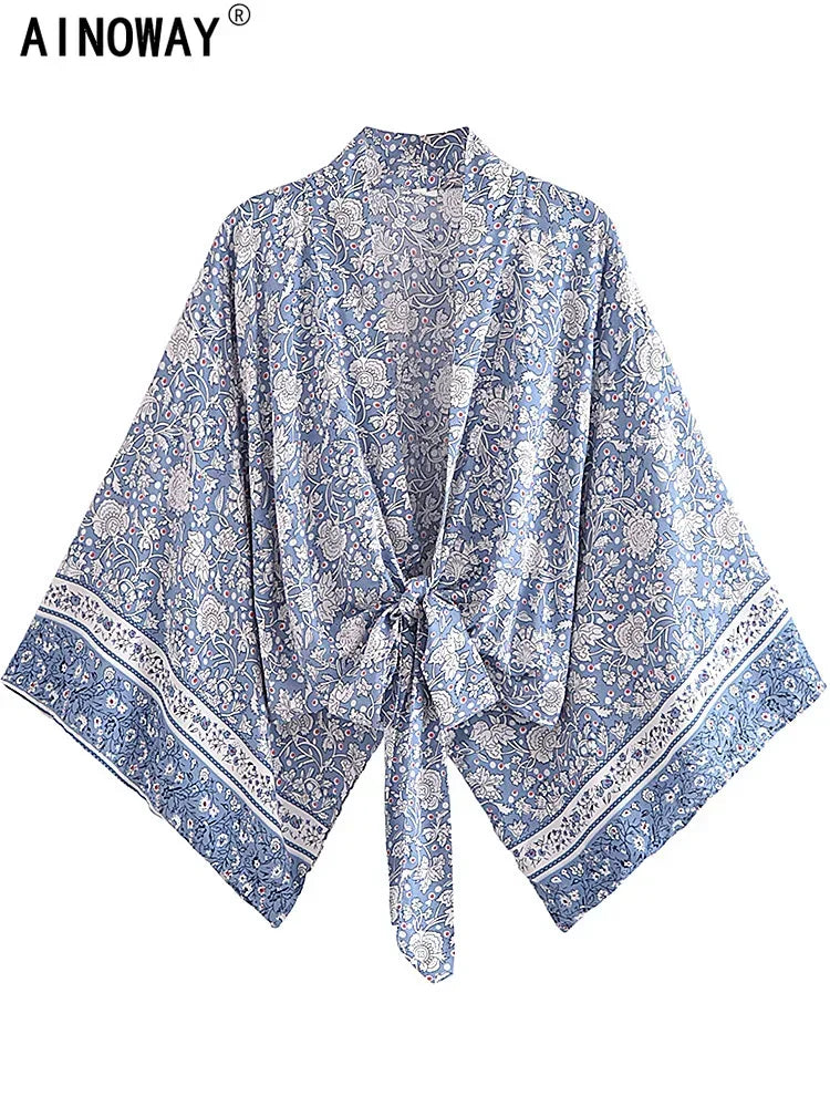 Vintage Porcelain Floral Boho Kimono Short Beach Robe