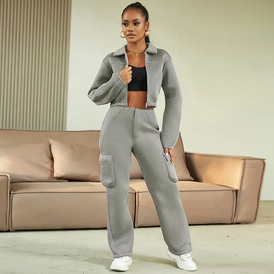 Fashion Women 2 Piece Grid Jacket Cargo Pants Sets Tracksuits Zipper Cropped Jacket Big Pockets Straight Pants Two Piece Outfits