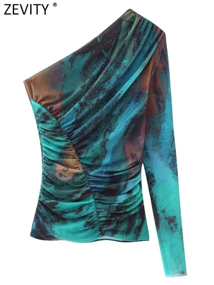 Zevity Women Fashion Single Shoulder Tie Dyed Print Pleated Mesh Smock Blouse Female Asymmetrical Shirt Blusas Chic Tops LS5432 LUXLIFE BRANDS