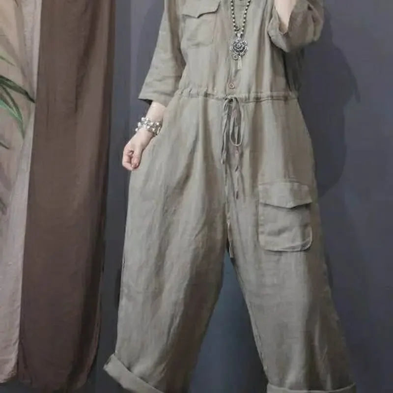 Cotton Linen Playsuit Oversize Jumpsuits Women Long Sleeve One Piece Outfit Women High Waist Pants Overalls for Women Clothes