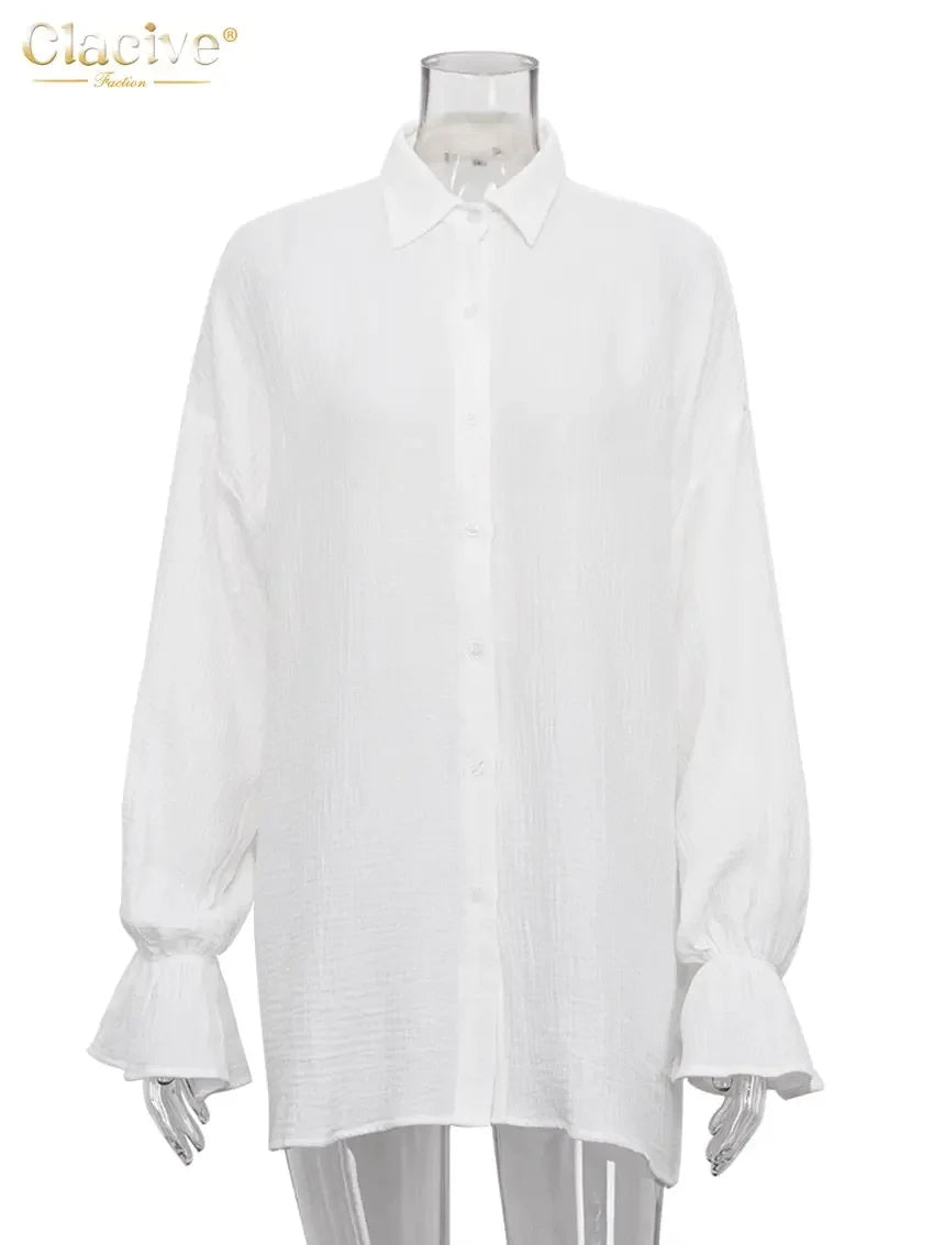 Clacive Fashion White Office Woman Blouses 2022 Autumn Lapel Long Sleeve 100%Cotton Shirts Lady Elegant Chic Top Female Clothes