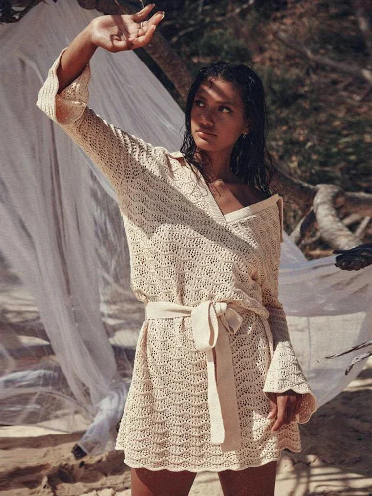 Sexy Shirt V-neck Bell Sleeve Hollow Out Knitted Belted Beach Mini Dress 2025 Summer Swimsuit Cover Up Women's Casual Outfit K16 Luxlife Brands