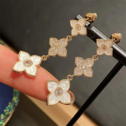 Clover Gold Earrings Repeated Use Earring Rhombus Sanhua Clover Gold Stud Earrings Beautiful Color Popular Accessories Long LUXLIFE BRANDS