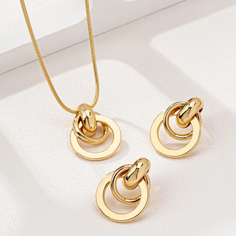 Metal Round Wire Post Earrings Pendant Necklace Set For Women Fashion Jewelry Punk Styles Trendy Daily Accessories Gifts MQ505 Luxlife Brands