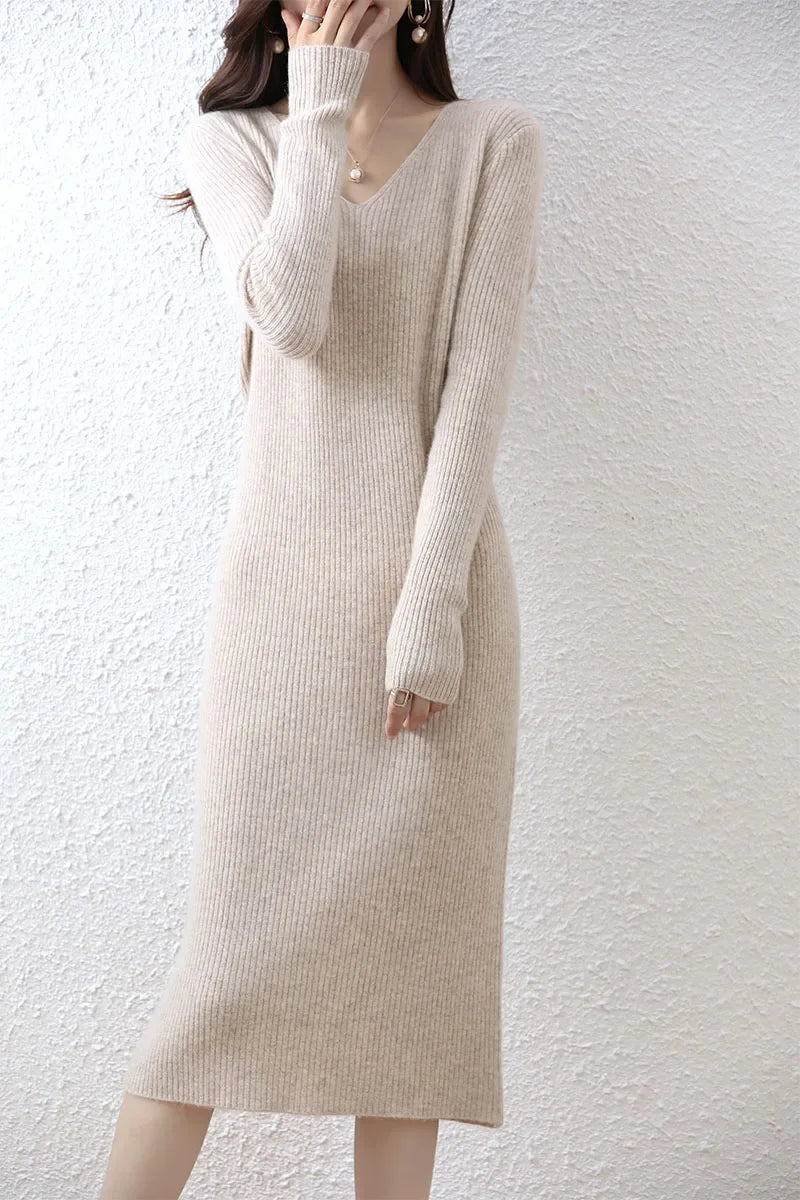 Elegant Long Sleeve Ribbed 100% Merino Wool Sweater Dress LUXLIFE BRANDS