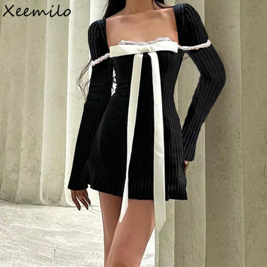 Xeemilo Elegant Bow Patchwork Long Sleeve Dress Retro Square-neck Lace Stitch Bodycon Mini Dresses 2023 Evening Party Vestidos LUXLIFE BRANDS