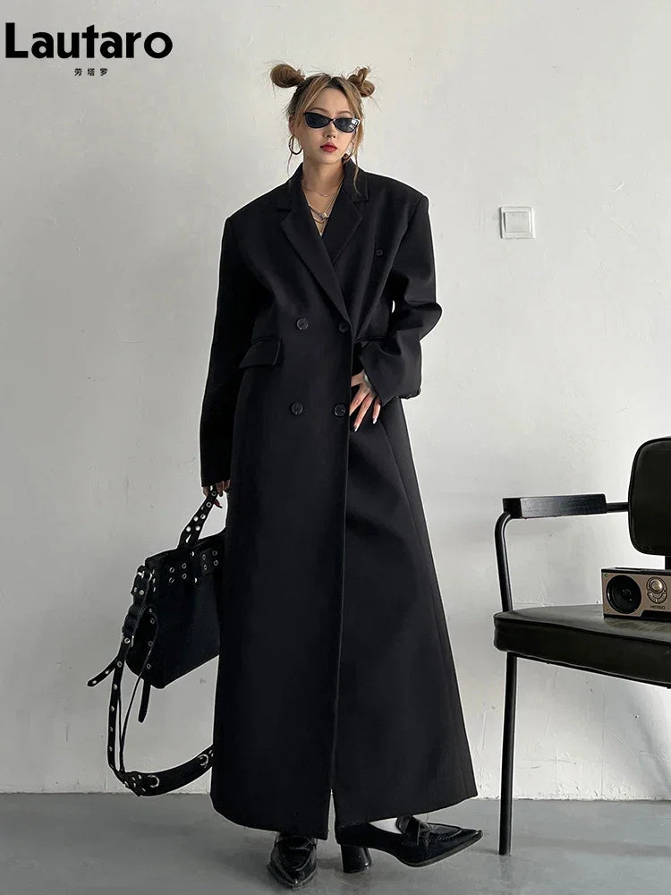 Lautaro Spring Autumn Long Grey Black Trench Coat for Women Double Breasted Loose Casual Korean Fashion Clothing Blazer 2023 LUXLIFE BRANDS