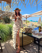 Solid Colour Beach Maxi Dress 2025 Women Summer Sexy Knit Flared Long Sleeve Slit Cut Out Swimsuit Cover Up Holiday Outfits K120 Luxlife Brands